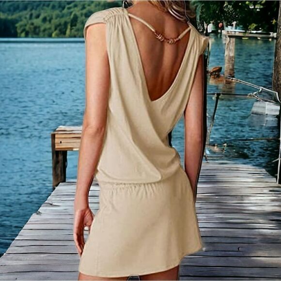 Women's Beach Swimsuit Cover up Deep V-Neck Short Mini Dress Beach Skirt S - Picture 2 of 7